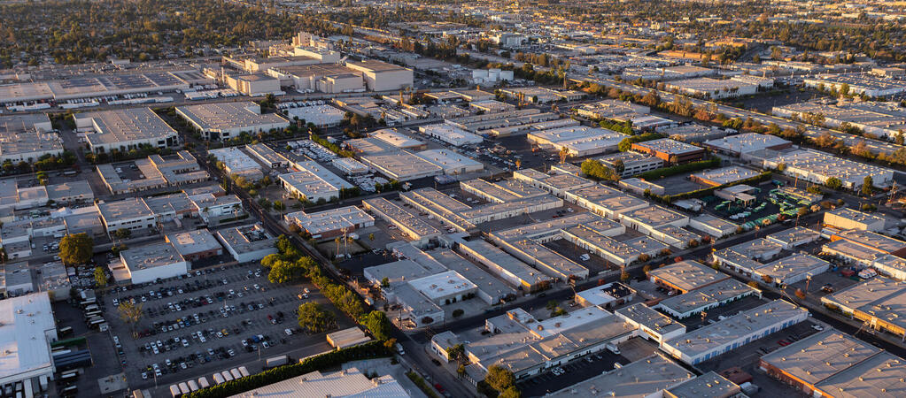 Aerial shot of warehouses