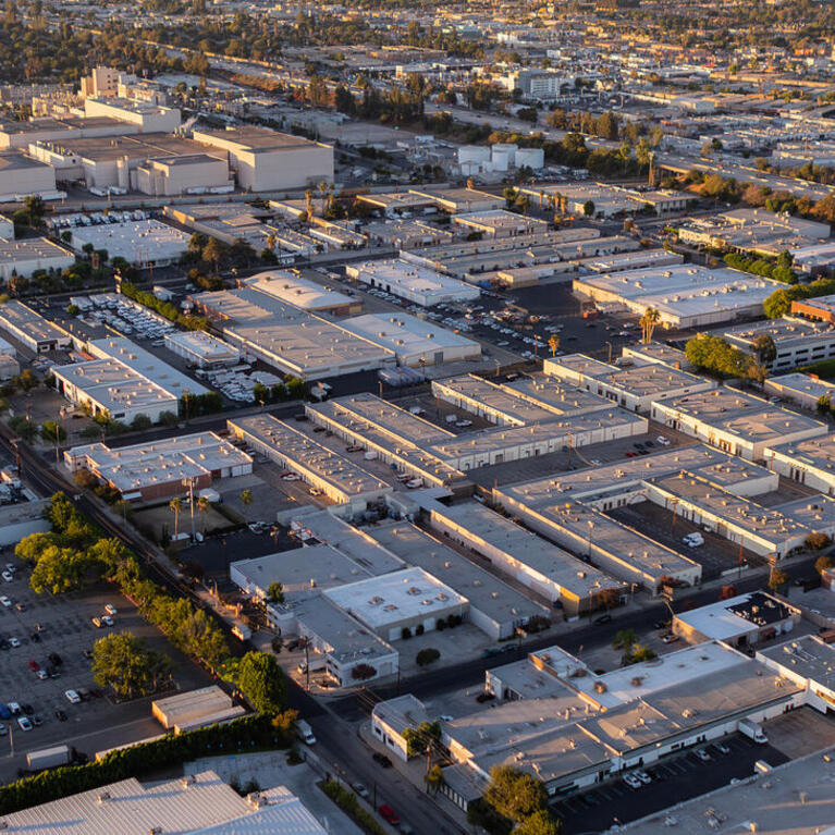 Aerial shot of warehouses